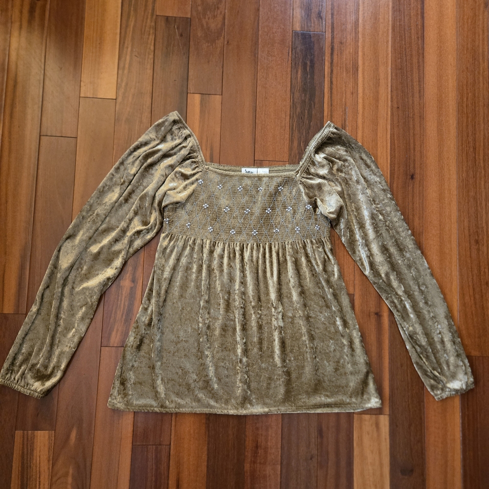Goldish/Brown Velvet Long-Sleeve Smocked Babydoll Shirt Off-Shoulder Whimsigoth